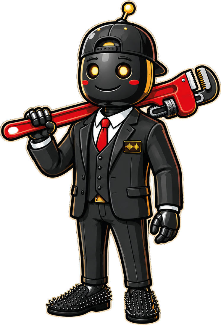 Wrenches n Robots mascot: robot in a suit and backward cap shouldering a red pipe wrench